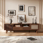 Meuble TV en bois massif brun foncé pour téléviseurs 75 pouces Console TV avec porte à fermeture douce et meuble à porte abattante