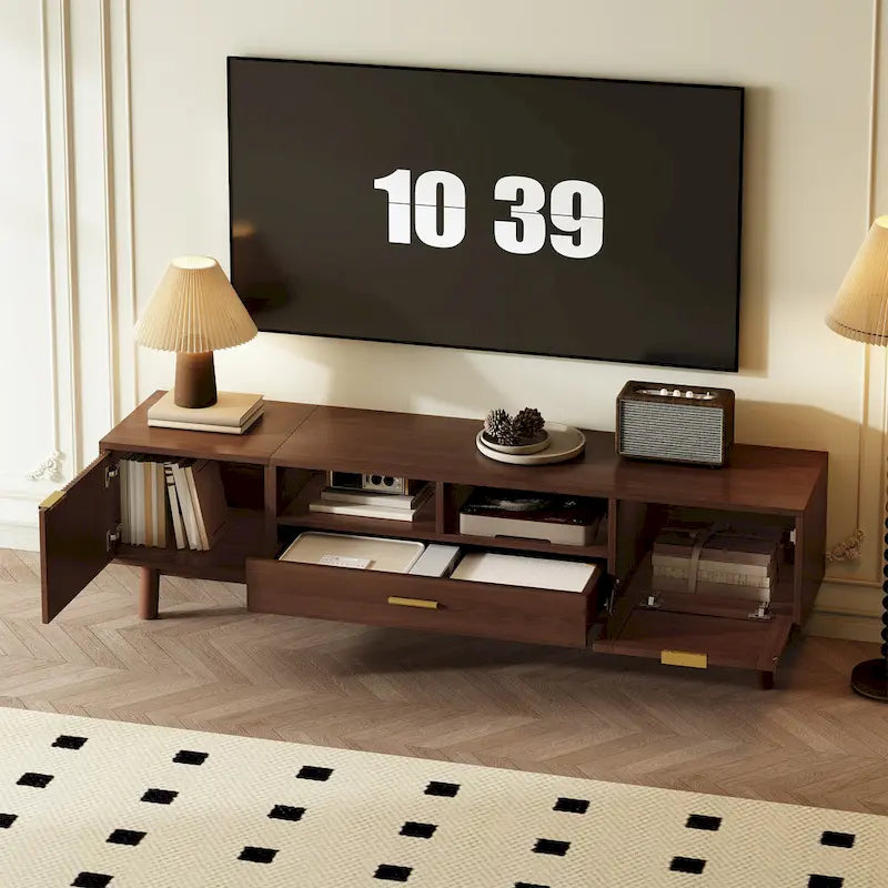 Meuble TV en bois massif brun foncé pour téléviseurs 75 pouces Console TV avec porte à fermeture douce et meuble à porte abattante