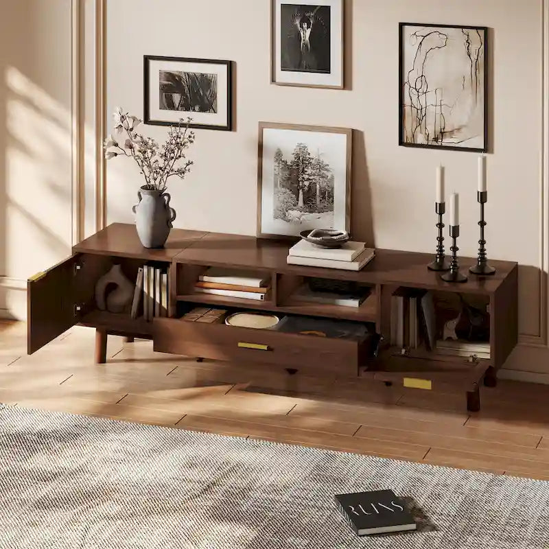 Meuble TV en bois massif brun foncé pour téléviseurs 75 pouces Console TV avec porte à fermeture douce et meuble à porte abattante