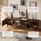 Meuble TV en bois massif brun foncé pour téléviseurs 75 pouces Console TV avec porte à fermeture douce et meuble à porte abattante