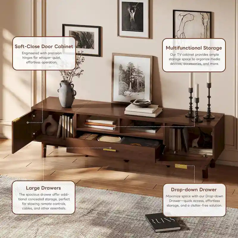 Meuble TV en bois massif brun foncé pour téléviseurs 75 pouces Console TV avec porte à fermeture douce et meuble à porte abattante