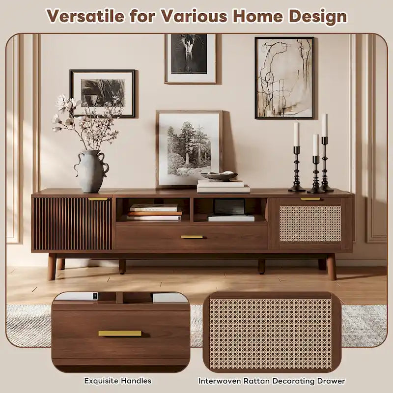 Meuble TV en bois massif brun foncé pour téléviseurs 75 pouces Console TV avec porte à fermeture douce et meuble à porte abattante