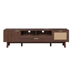 Meuble TV en bois massif brun foncé pour téléviseurs 75 pouces Console TV avec porte à fermeture douce et meuble à porte abattante