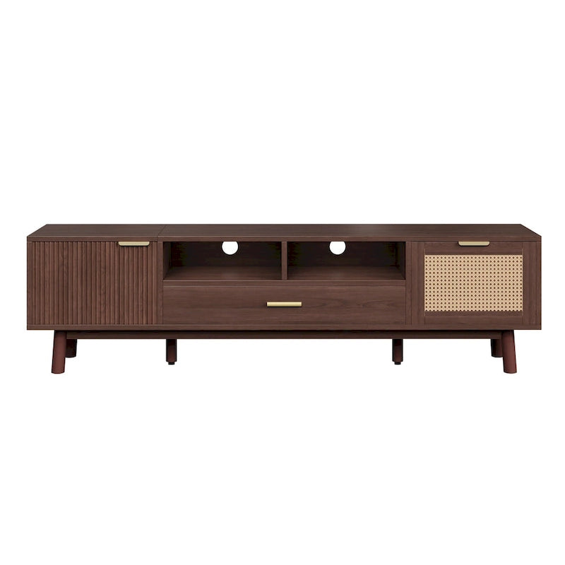 Meuble TV en bois massif brun foncé pour téléviseurs 75 pouces Console TV avec porte à fermeture douce et meuble à porte abattante