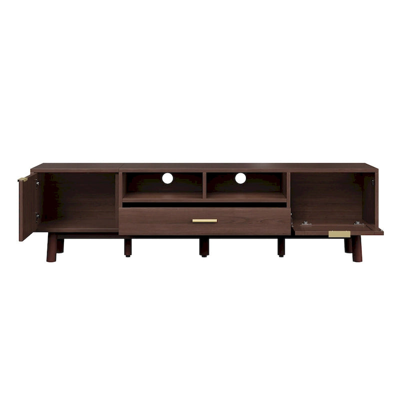 Meuble TV en bois massif brun foncé pour téléviseurs 75 pouces Console TV avec porte à fermeture douce et meuble à porte abattante