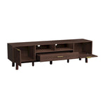 Meuble TV en bois massif brun foncé pour téléviseurs 75 pouces Console TV avec porte à fermeture douce et meuble à porte abattante