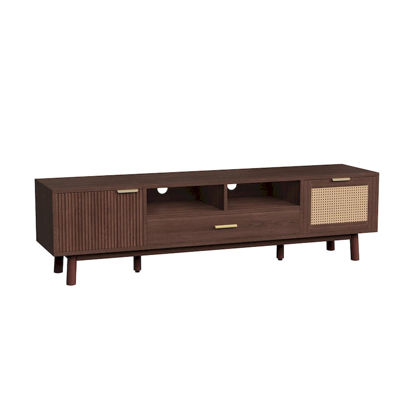 Meuble TV en bois massif brun foncé pour téléviseurs 75 pouces Console TV avec porte à fermeture douce et meuble à porte abattante