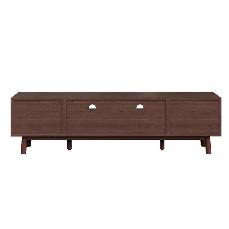 Meuble TV en bois massif brun foncé pour téléviseurs 75 pouces Console TV avec porte à fermeture douce et meuble à porte abattante