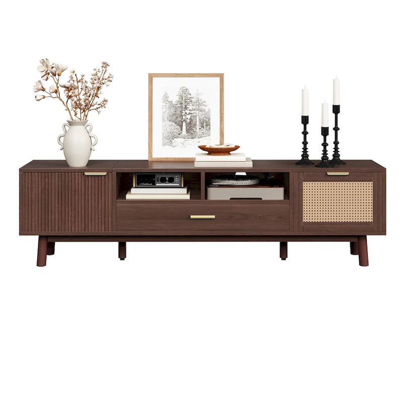 Meuble TV en bois massif brun foncé pour téléviseurs 75 pouces Console TV avec porte à fermeture douce et meuble à porte abattante