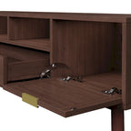 Meuble TV en bois massif brun foncé pour téléviseurs 75 pouces Console TV avec porte à fermeture douce et meuble à porte abattante