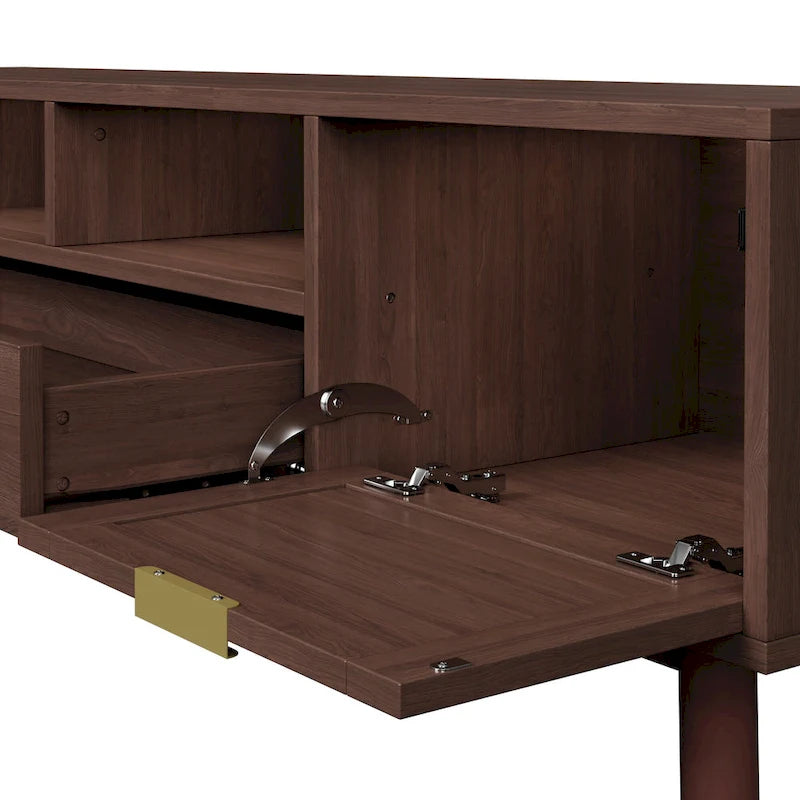 Meuble TV en bois massif brun foncé pour téléviseurs 75 pouces Console TV avec porte à fermeture douce et meuble à porte abattante