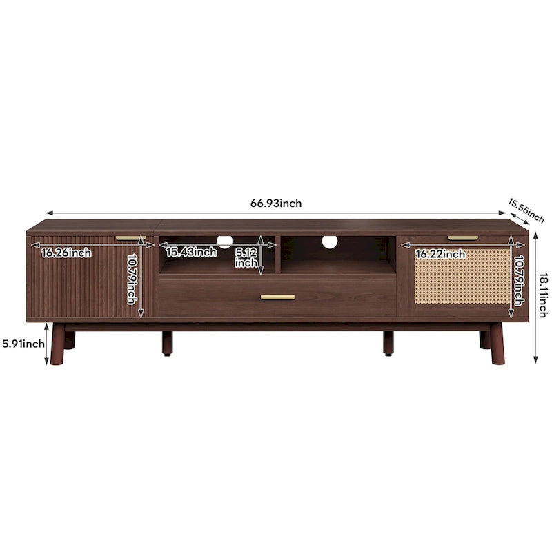 Meuble TV en bois massif brun foncé pour téléviseurs 75 pouces Console TV avec porte à fermeture douce et meuble à porte abattante