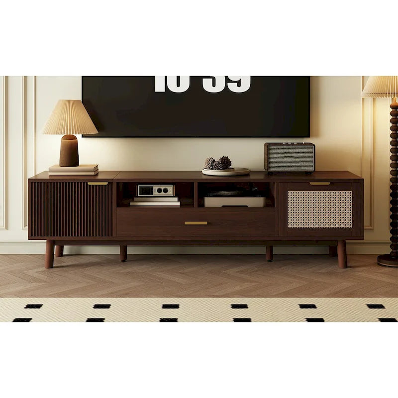Meuble TV en bois massif brun foncé pour téléviseurs 75 pouces Console TV avec porte à fermeture douce et meuble à porte abattante