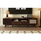 Meuble TV en bois massif brun foncé pour téléviseurs 75 pouces Console TV avec porte à fermeture douce et meuble à porte abattante