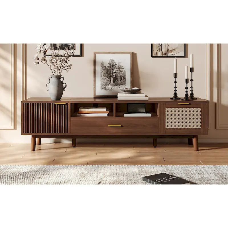 Meuble TV en bois massif brun foncé pour téléviseurs 75 pouces Console TV avec porte à fermeture douce et meuble à porte abattante