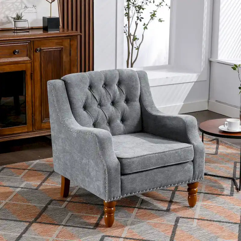 Fauteuil d'appoint rembourré en lin avec pieds en bois massif, fauteuil de salon individuel de style moderne du milieu du siècle pour salon et chambre à coucher