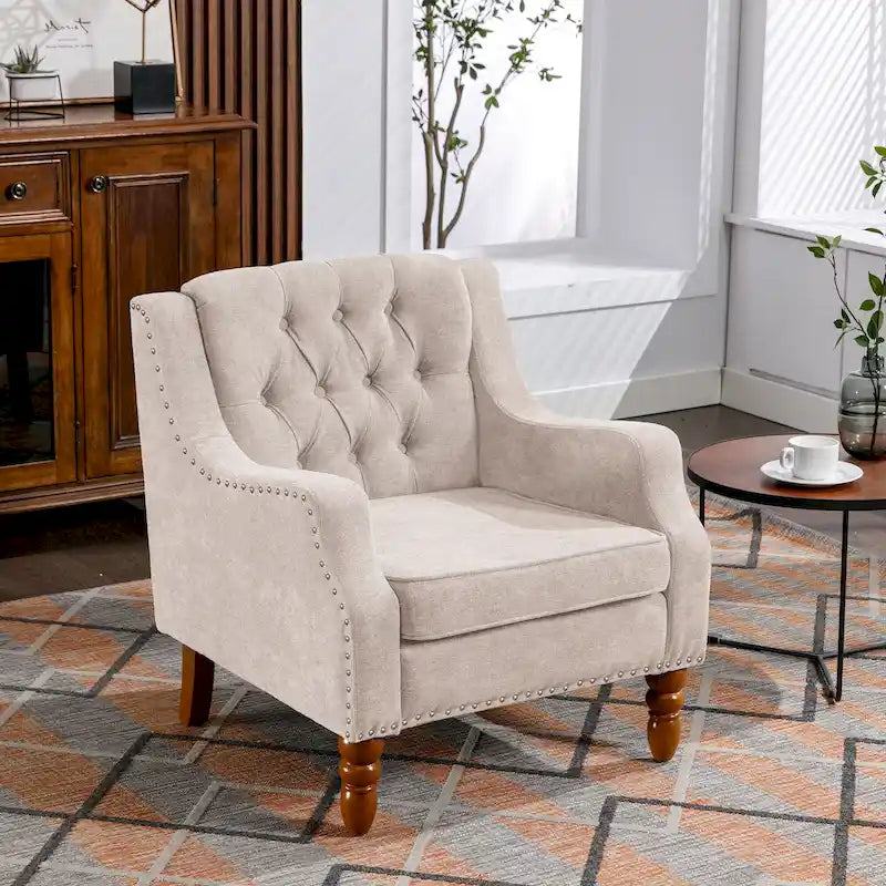 Fauteuil d'appoint rembourré en lin avec pieds en bois massif, fauteuil de salon individuel de style moderne du milieu du siècle pour salon et chambre à coucher
