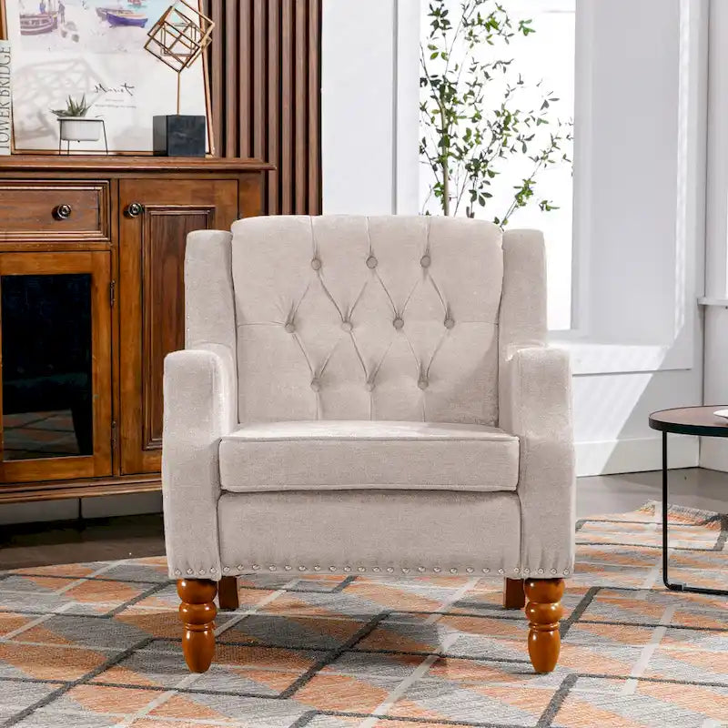 Fauteuil d'appoint rembourré en lin avec pieds en bois massif, fauteuil de salon individuel de style moderne du milieu du siècle pour salon et chambre à coucher