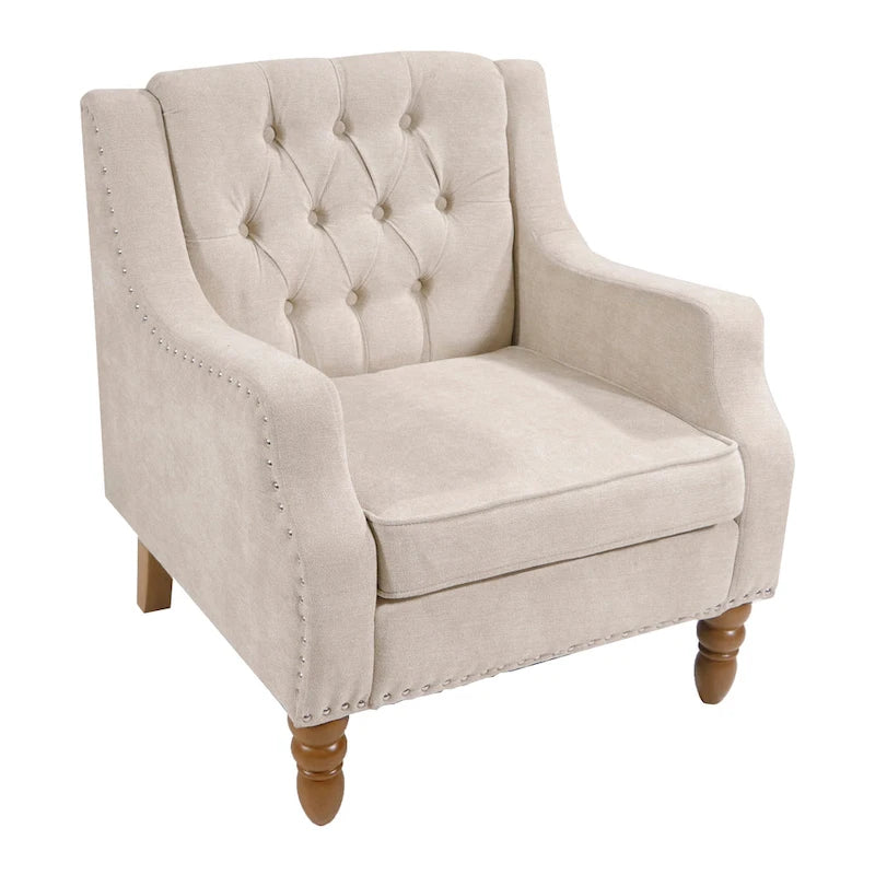 Fauteuil d'appoint rembourré en lin avec pieds en bois massif, fauteuil de salon individuel de style moderne du milieu du siècle pour salon et chambre à coucher