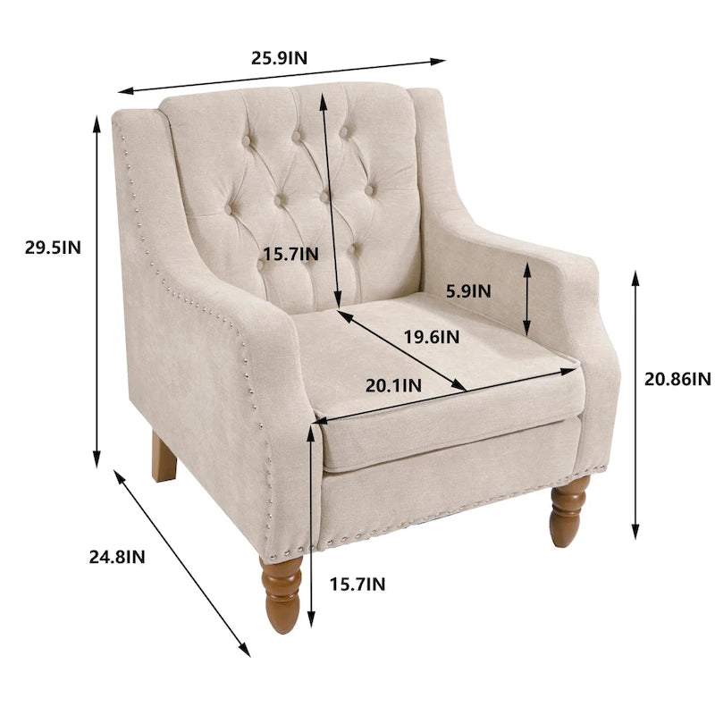 Fauteuil d'appoint rembourré en lin avec pieds en bois massif, fauteuil de salon individuel de style moderne du milieu du siècle pour salon et chambre à coucher