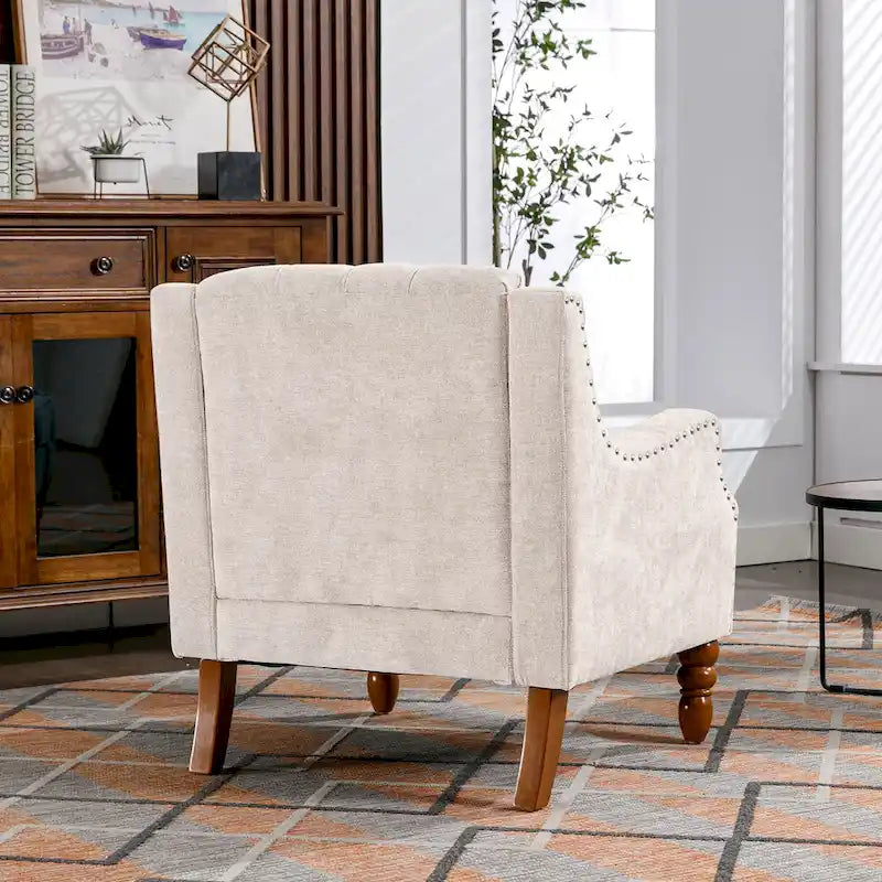 Fauteuil d'appoint rembourré en lin avec pieds en bois massif, fauteuil de salon individuel de style moderne du milieu du siècle pour salon et chambre à coucher