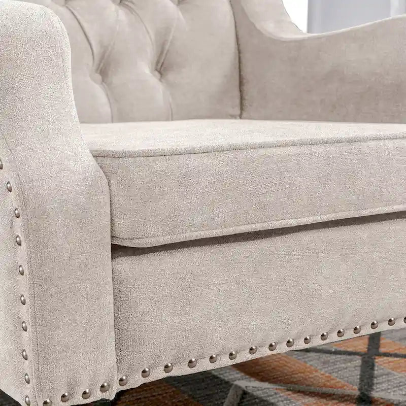 Fauteuil d'appoint rembourré en lin avec pieds en bois massif, fauteuil de salon individuel de style moderne du milieu du siècle pour salon et chambre à coucher