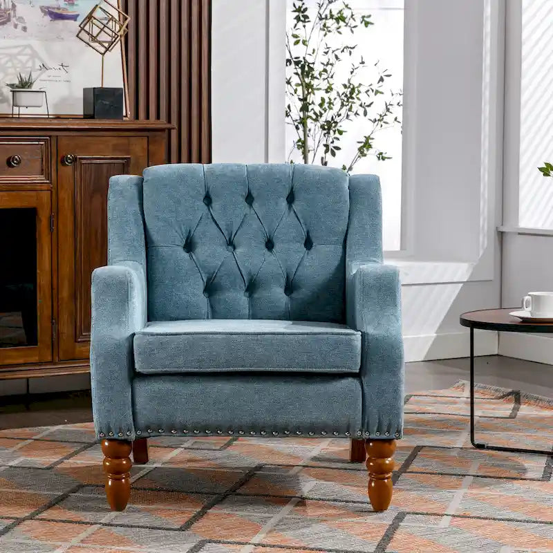 Fauteuil d'appoint rembourré en lin avec pieds en bois massif, fauteuil de salon individuel de style moderne du milieu du siècle pour salon et chambre à coucher