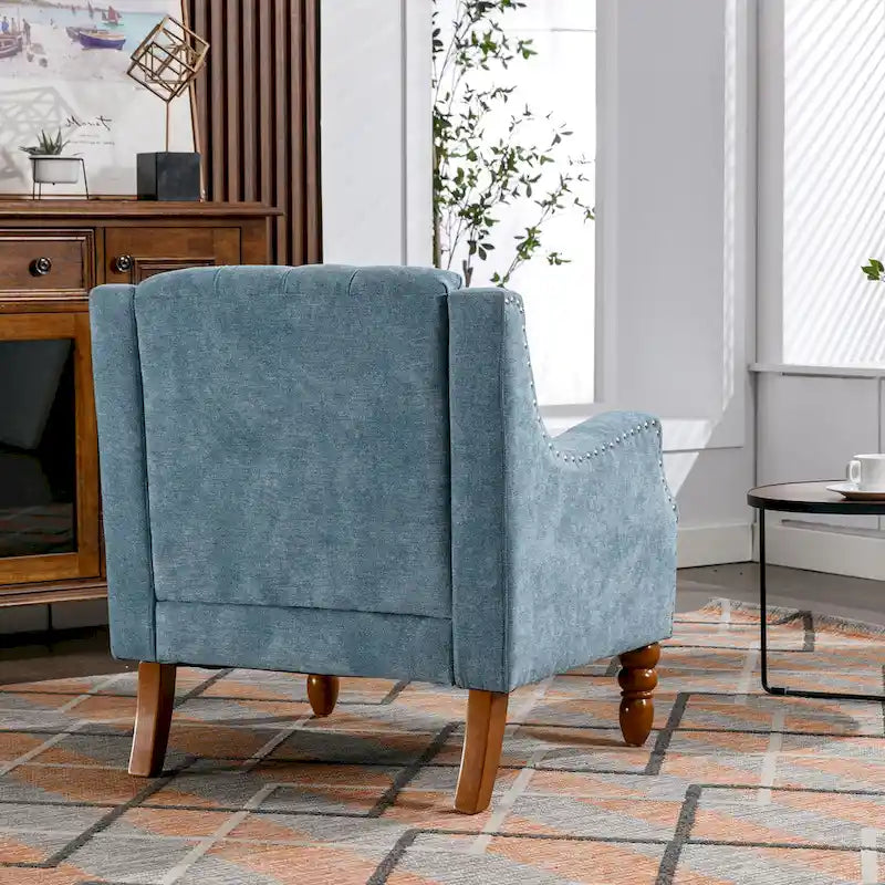 Fauteuil d'appoint rembourré en lin avec pieds en bois massif, fauteuil de salon individuel de style moderne du milieu du siècle pour salon et chambre à coucher