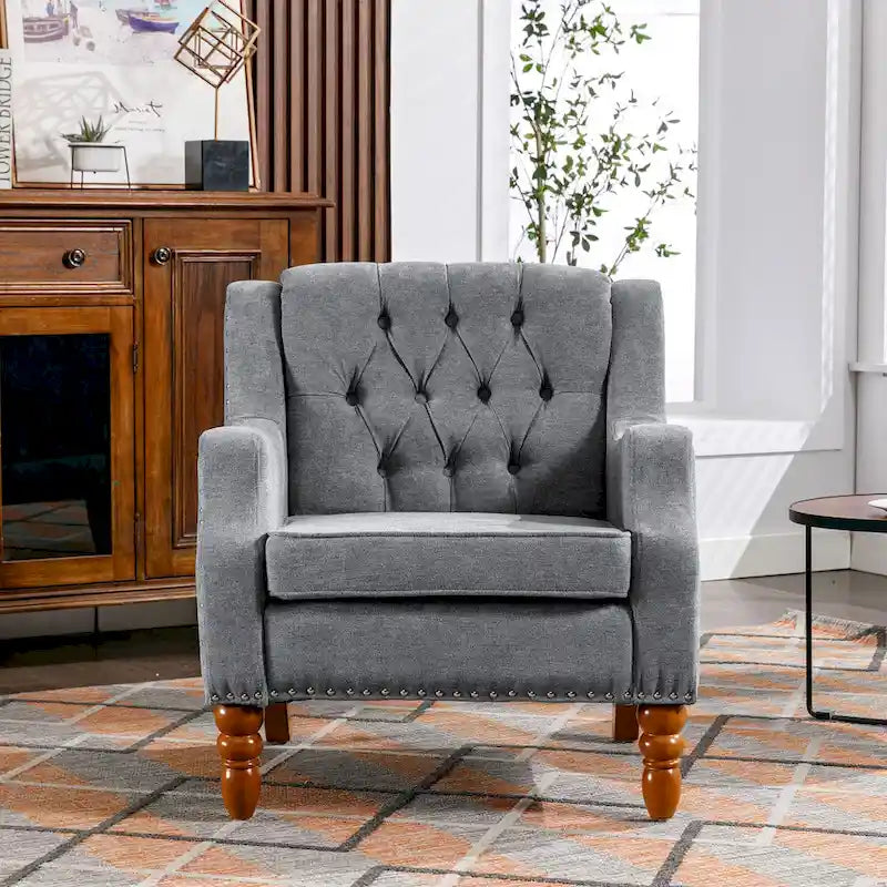 Fauteuil d'appoint rembourré en lin avec pieds en bois massif, fauteuil de salon individuel de style moderne du milieu du siècle pour salon et chambre à coucher