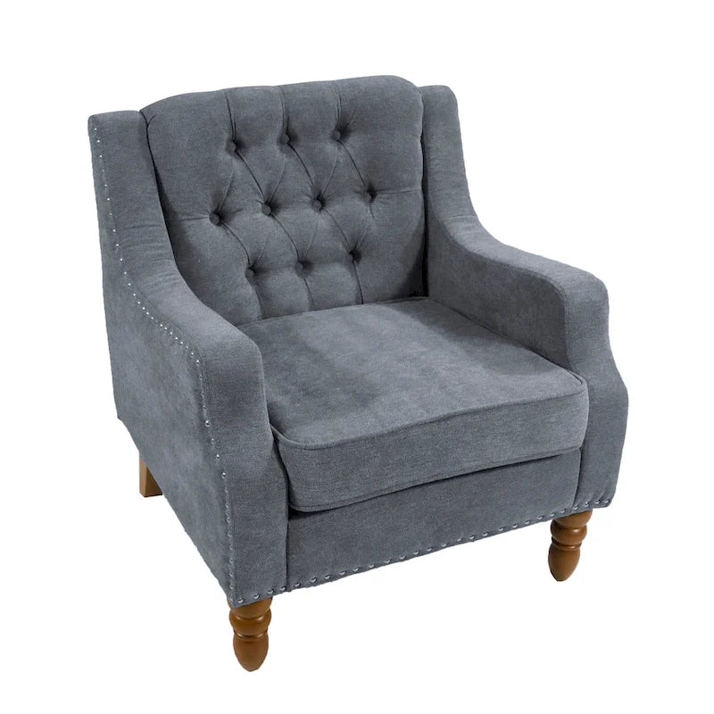 Fauteuil d'appoint rembourré en lin avec pieds en bois massif, fauteuil de salon individuel de style moderne du milieu du siècle pour salon et chambre à coucher