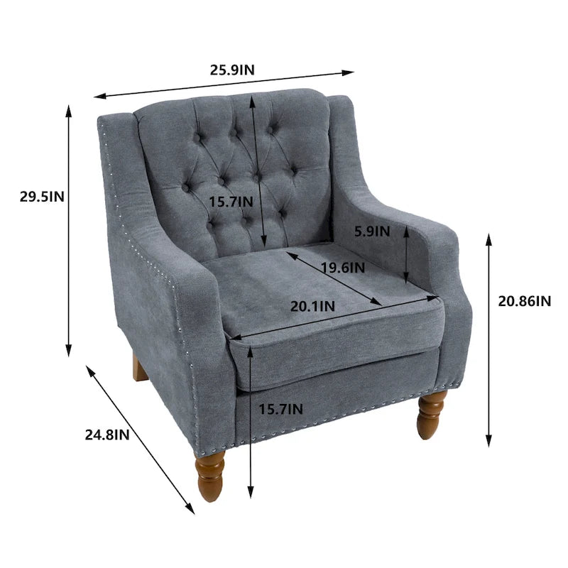 Fauteuil d'appoint rembourré en lin avec pieds en bois massif, fauteuil de salon individuel de style moderne du milieu du siècle pour salon et chambre à coucher
