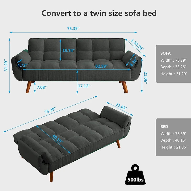 Canapé-Lit Futon 75.39 POUCES, Canapé-Lit Convertible Rembourré avec Dossier Inclinable Tufté et Divisé