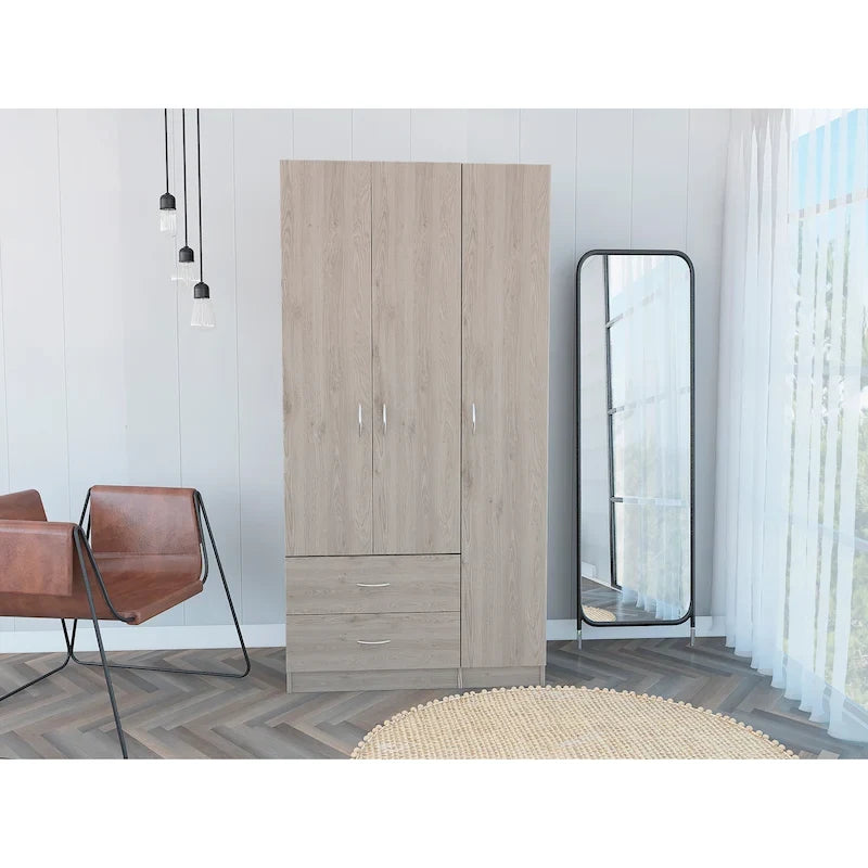 Armoire 3 portes avec 2 tiroirs, étagères intérieures et penderie