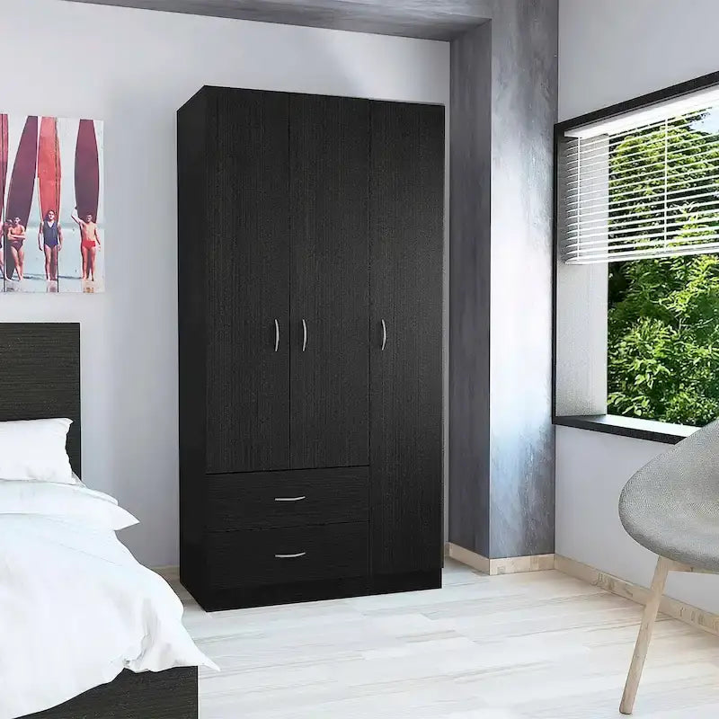 Armoire 3 portes avec 2 tiroirs, étagères intérieures et penderie