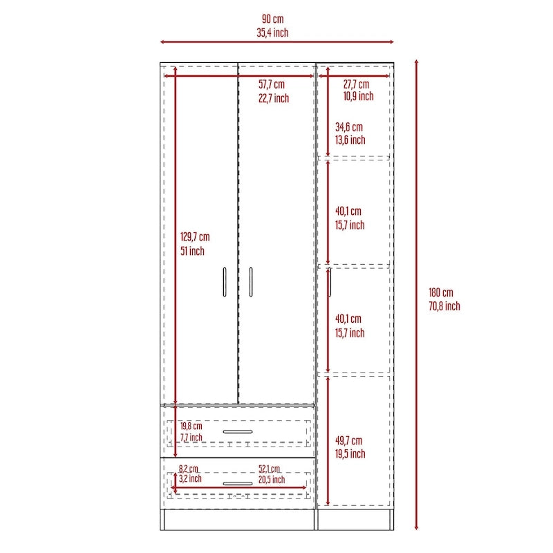 Armoire 3 portes avec 2 tiroirs, étagères intérieures et penderie