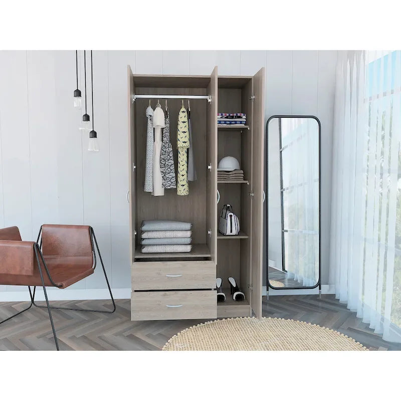 Armoire 3 portes avec 2 tiroirs, étagères intérieures et penderie