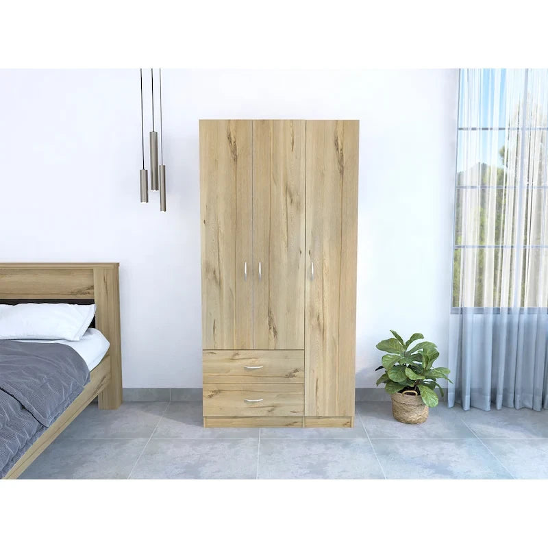 Armoire 3 portes avec 2 tiroirs, étagères intérieures et penderie