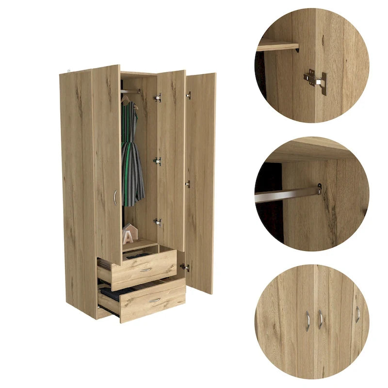 Armoire 3 portes avec 2 tiroirs, étagères intérieures et penderie