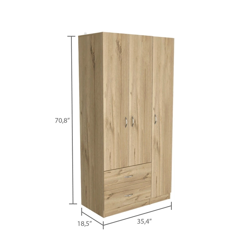 Armoire 3 portes avec 2 tiroirs, étagères intérieures et penderie