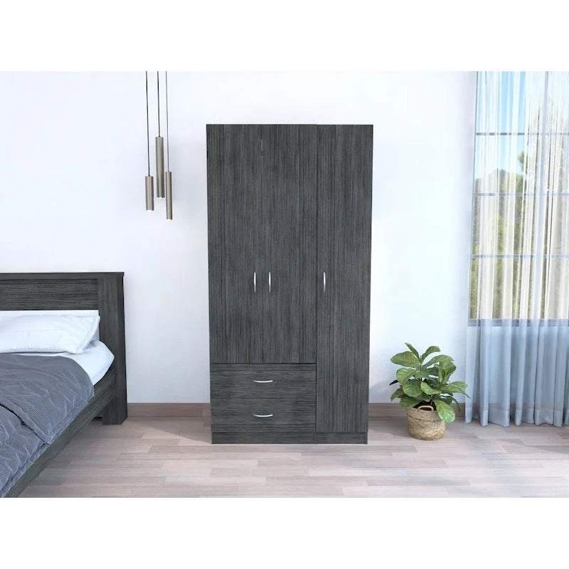 Armoire 3 portes avec 2 tiroirs, étagères intérieures et penderie