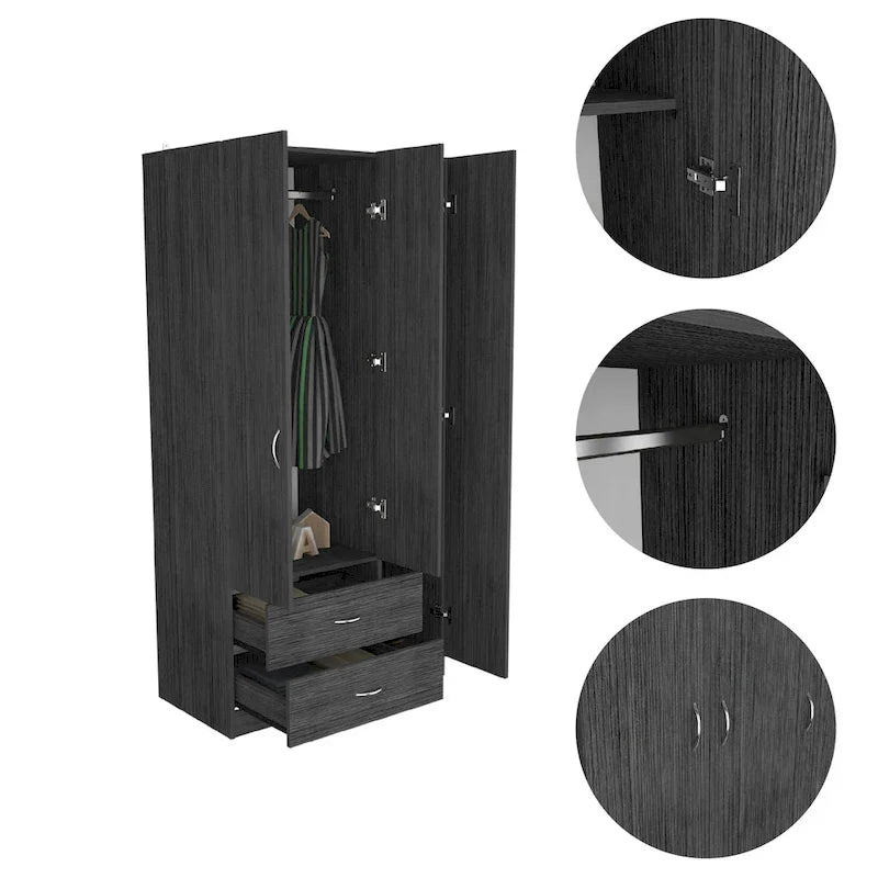 Armoire 3 portes avec 2 tiroirs, étagères intérieures et penderie