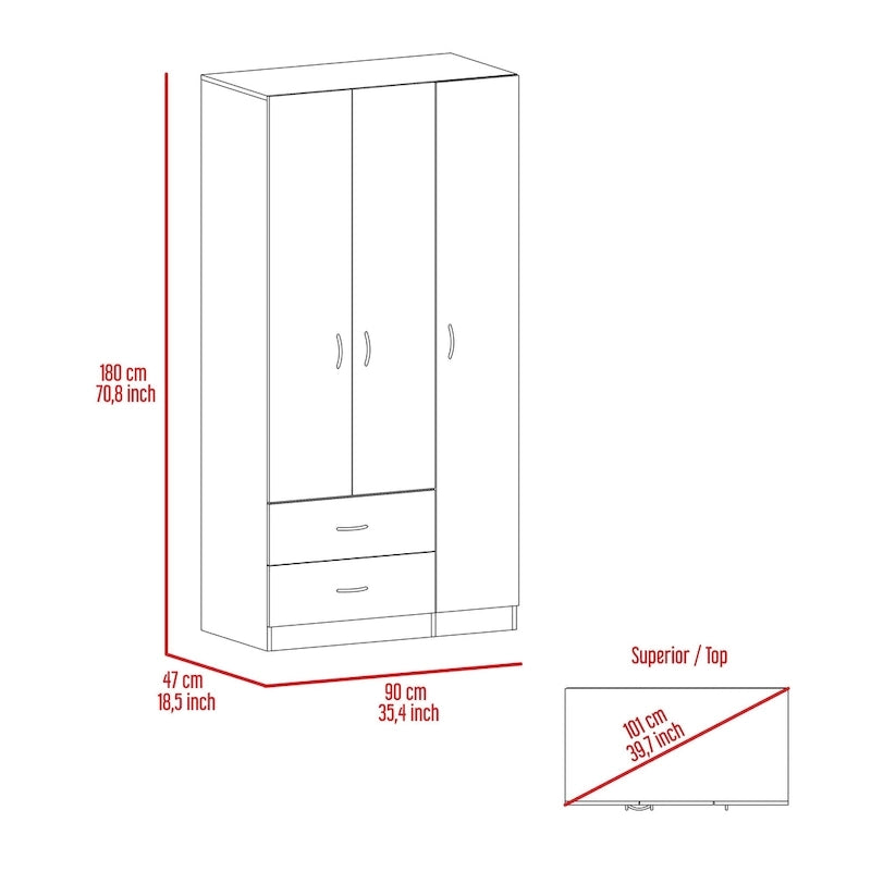 Armoire 3 portes avec 2 tiroirs, étagères intérieures et penderie