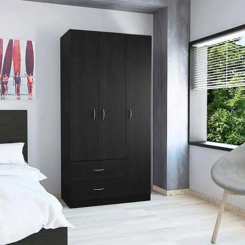 Armoire 3 portes avec 2 tiroirs, étagères intérieures et penderie