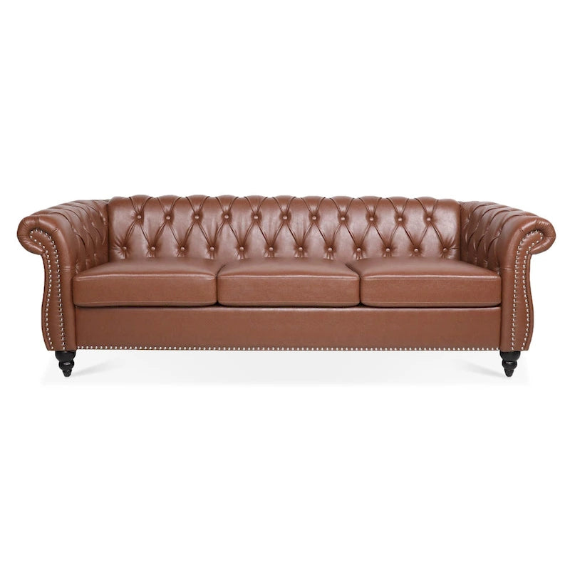 Canapé Chesterfield en similicuir à accoudoirs roulés avec coussins amovibles
