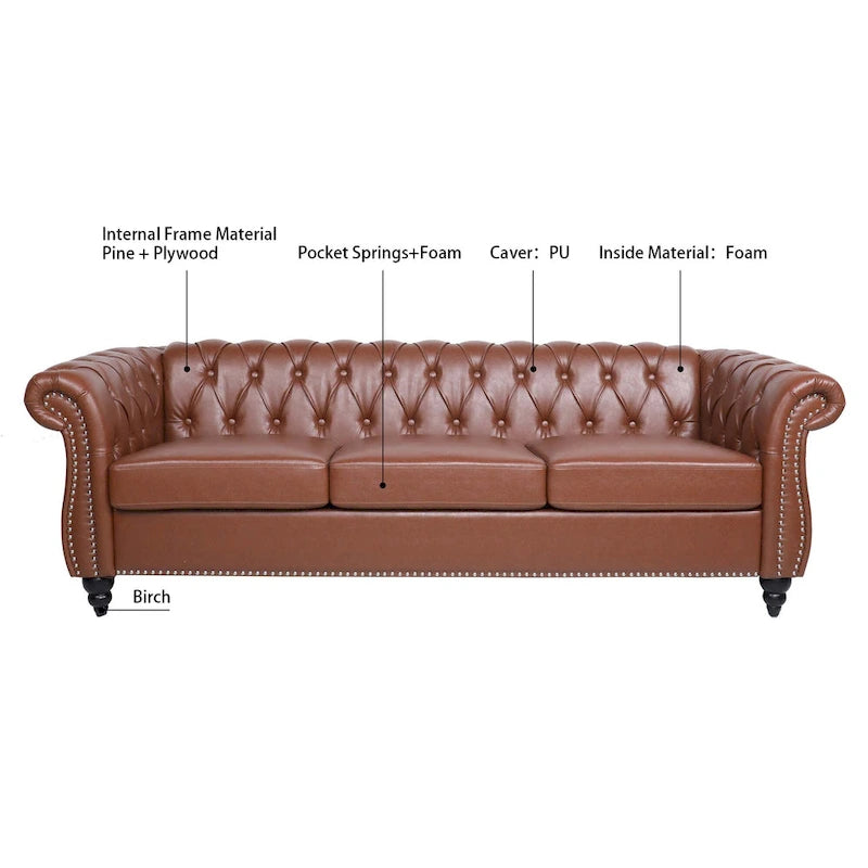 Canapé Chesterfield en similicuir à accoudoirs roulés avec coussins amovibles