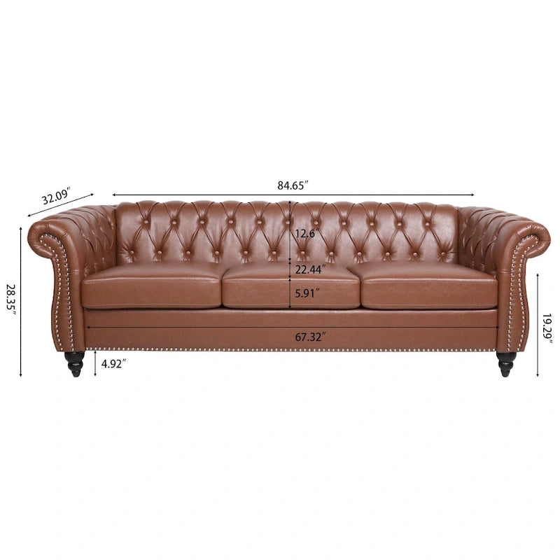 Canapé Chesterfield en similicuir à accoudoirs roulés avec coussins amovibles