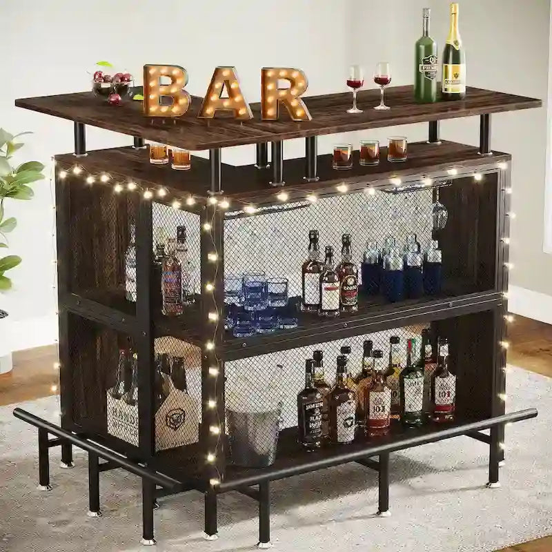 Table de bar en L avec porte-verres et étagères