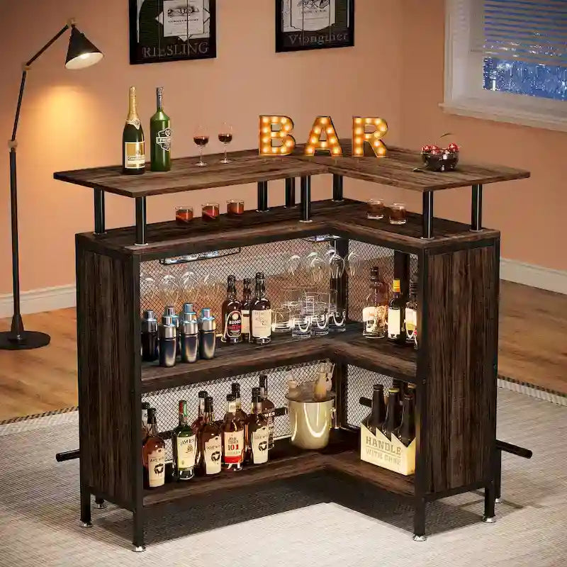 Table de bar en L avec porte-verres et étagères