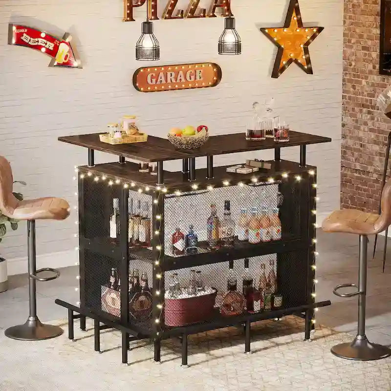 Table de bar en L avec porte-verres et étagères