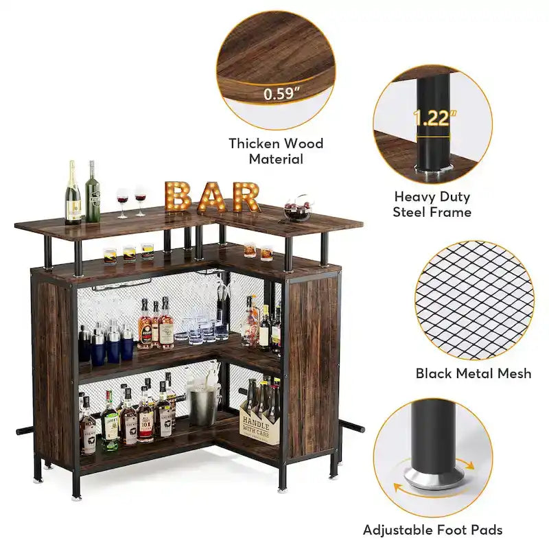 Table de bar en L avec porte-verres et étagères